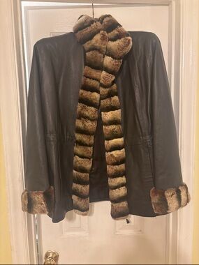 Macy's Brown Leather Jacket with Brown Fur Trim